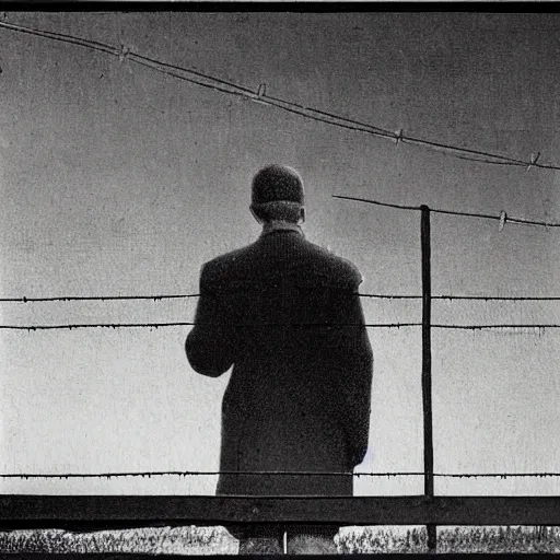 Image similar to a man in front of a high wire fence, bauhaus, dystopian art