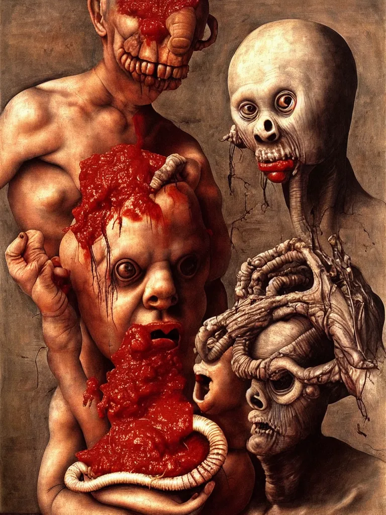 Image similar to a boy like eraserhead and elephant man sitting in a tub full of tomato sauce, looking straight into camera, screaming in desperation, by giuseppe arcimboldo and ambrosius benson, renaissance, fruit, intricate and intense oil paint, a touch of beksinski and hr giger and edward munch, realistic