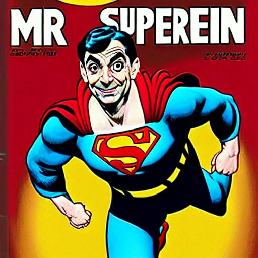Prompt: mr bean as superman. dc comics coverart, comicbook, comic panel