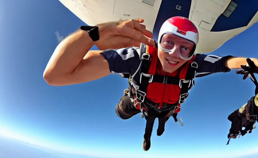 Image similar to close up on a skydiver with muscles. plane in the background