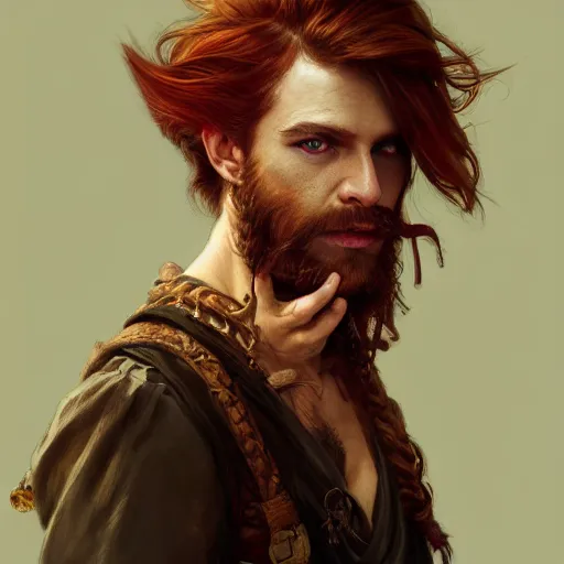 Image similar to portrait of a young rugged pirate, male, masculine, upper body, red hair, long hair, soft hair, D&D, fantasy, intricate, elegant, highly detailed, digital painting, artstation, concept art, matte, sharp focus, illustration, art by Artgerm and Greg Rutkowski and Alphonse Mucha