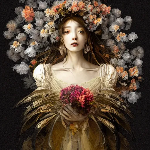 Prompt: A Black background portrait of An angel in a dress made of flowers by Greg Rutkowski and Yoshitaka Amano,In style of digital illustration art,Rembrandt lighting,Ray tracing,hyper detailed,sharp focus,Soft light.4k