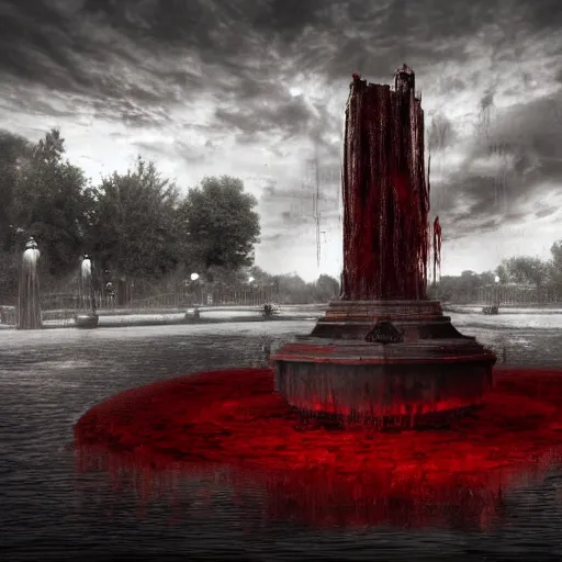 Image similar to a huge fountain using blood instead of water, dark haunted creatures in background. Horror, scary, digital art, realistic, detailed, 8k