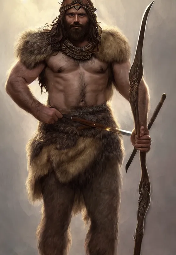 Image similar to full body portrait of a gruff ranger with a spear, wolf pelt on his head, muscular, handsome face, hairy body, D&D, fantasy, intricate, elegant, highly detailed, digital painting, artstation, concept art, matte, sharp focus, illustration, art by Artgerm and Greg Rutkowski and Alphonse Mucha