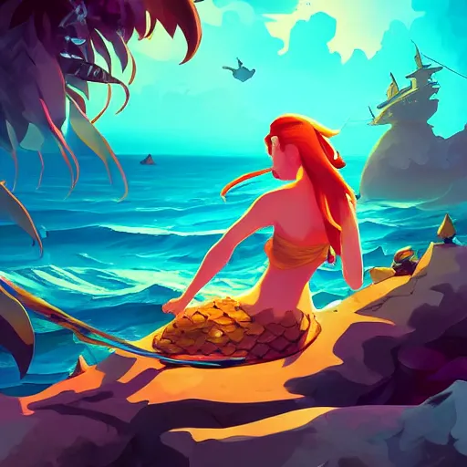 Image similar to painting mermaid treasure on sea of thieves game avatar hero smooth face median photoshop filter cutout vector, behance hd by jesper ejsing, by rhads, makoto shinkai and lois van baarle, ilya kuvshinov, rossdraws global illumination