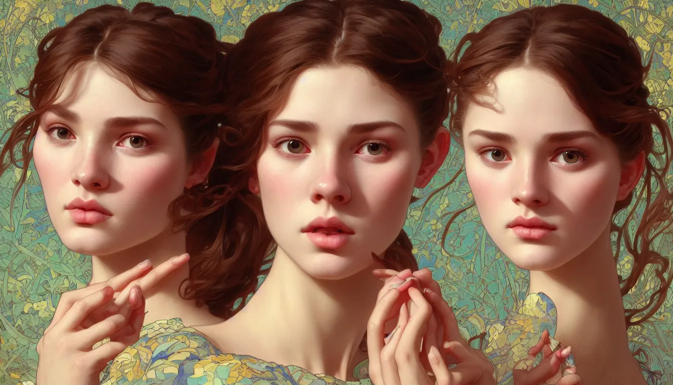 Prompt: excellent painted portrait of one pretty girl with upturned nose, high quality masterpiece painted, patterned background, 4 k, trending on artstation, octane render, art by james jean and artgerm and greg rutkowski and alphonse mucha and craig mullins and james jean and andrei riabovitchev and marc simonetti and peter mohrbacher