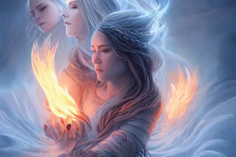 Image similar to beautiful female ice goddess fighting a beautiful fire goddess, digital painting, intricate, elegant, beautiful volumetric lighting, icicle, fire art by Leesha Hannigan, Ross Tran, Thierry Doizon, Kai Carpenter, Ignacio Fernández Ríos