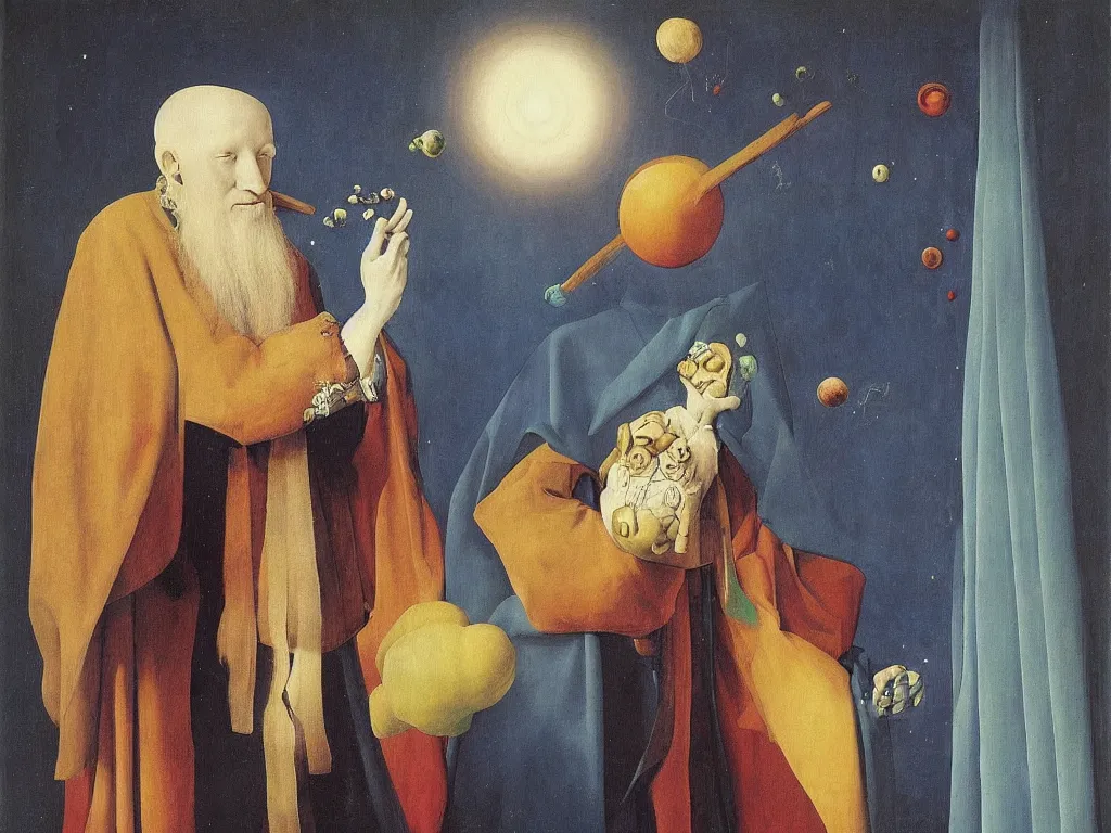 Image similar to Portrait of albino mystic with blue eyes, with exotic meteor. Painting by Jan van Eyck, Audubon, Rene Magritte, Agnes Pelton, Max Ernst, Walton Ford