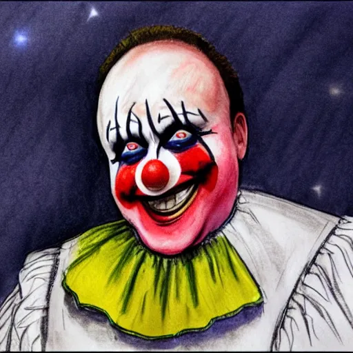 Prompt: UHD courtroom sketch of cosmic clown Judge wearing authentic clown costume and real bizarre clown makeup, with Alex Jones on Trial, correct face, accurate faces, intricate details, intricate cllown judge