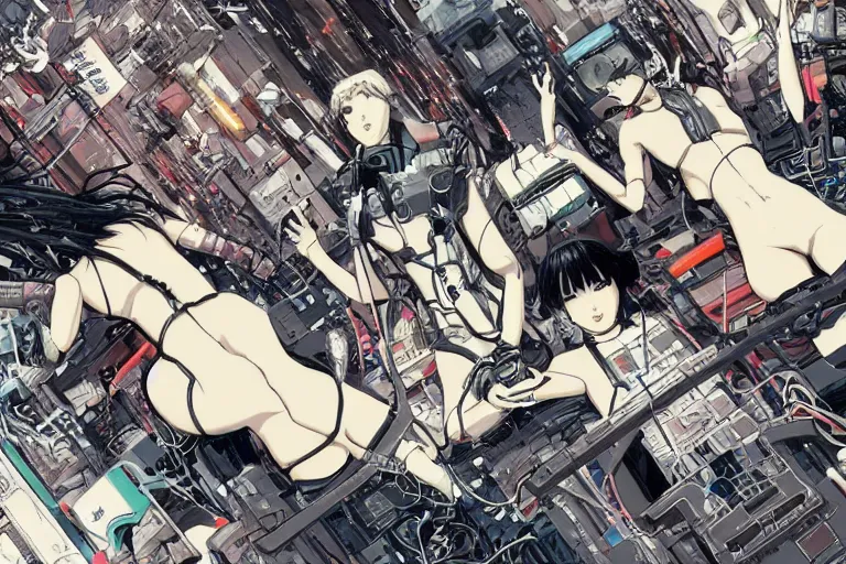 Prompt: a cyberpunk illustration of a group of coherent female androids in style of masamune shirow, lying on an empty, white floor with their bodies broken scattered rotated in different poses and cables and wires coming out, by yukito kishiro and katsuhiro otomo, hyper-detailed, intricate