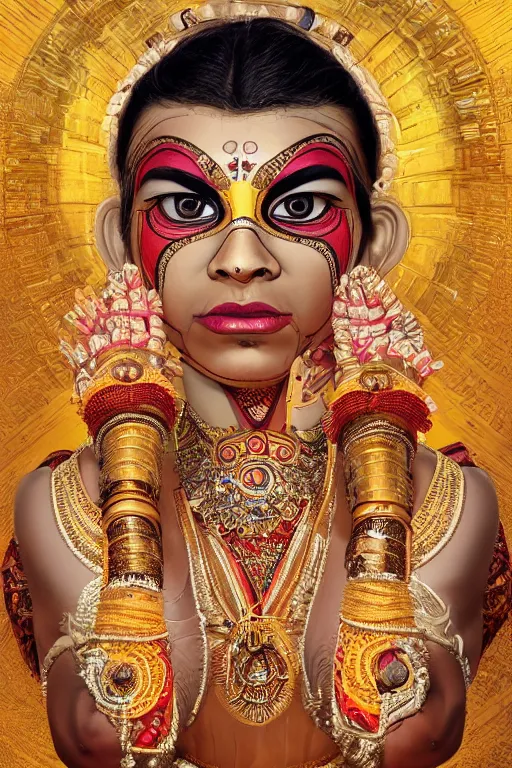 Image similar to a stunning ultrarealistic illustration of an indian kathakali dancer cyborg with cybernetic implants on the face, very detailed, deep depth of focus, intricate, headshot, portrait, 3 5 mm lens, golden ratio composition, studio lighting, artstation, 8 k, highly coherent, by artgerm and alphonse mucha and greg rutkowski