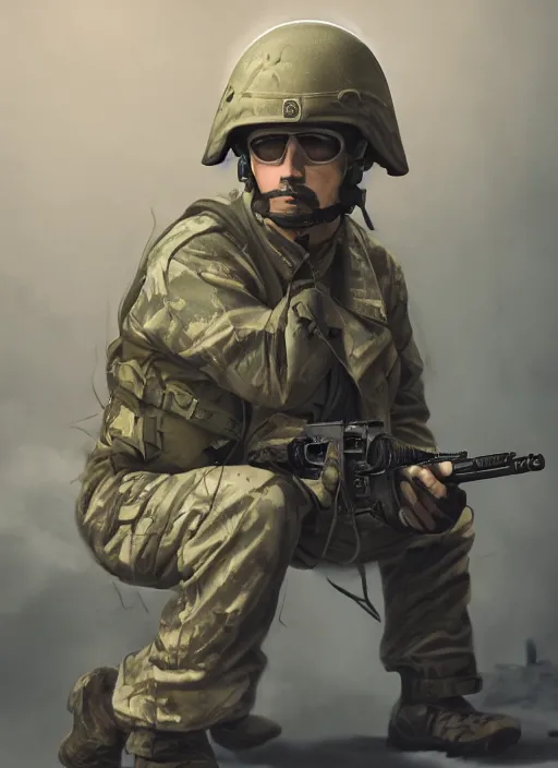 Image similar to a man dressed as military, squatting, digital painting, dramatic lighting, spotlight, smoke in background, photorealistic, intricate outfit