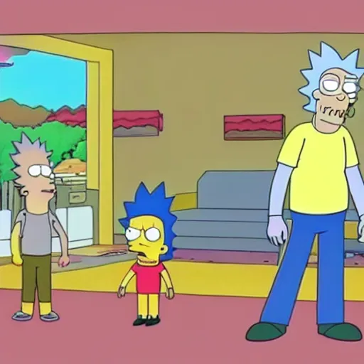 Image similar to Rick & Morty starring in the simpsons couch-gag