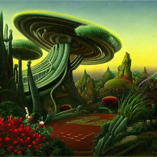 Prompt: a garden in orbit around saturn, 8 k, lowbrow, in the style of martin johnson heade, roger dean and h. r. giger,