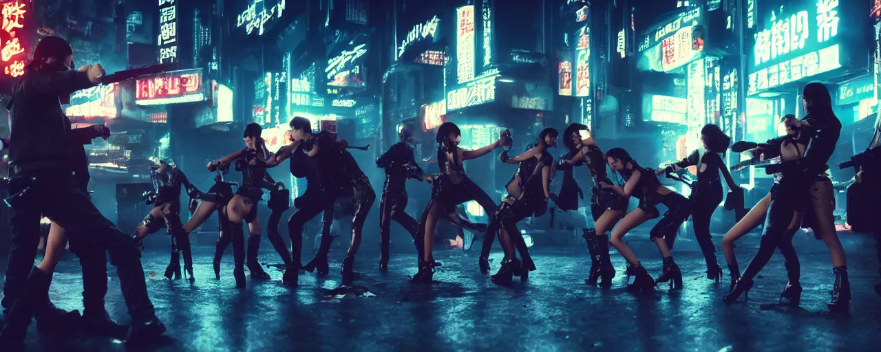 Prompt: highly detailed photo of gangsters and girls fighting in cyberpunk night adult club, 3 5 mm, guns and blades, low angle, blade runner, akira, cinematic angle, cinematic lighting, reflections, action, battle