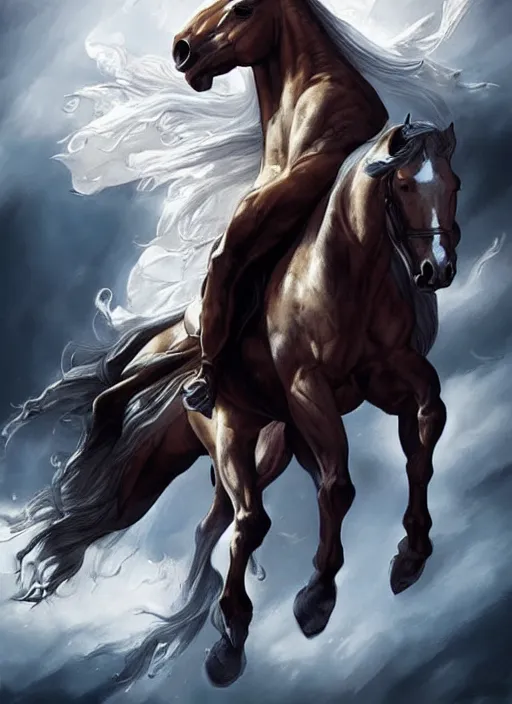 Image similar to the first horseman of the apocalypse riding a white stallion, horse is up on it's hind legs, the rider looks like jesus, ominous, beautiful, artwork by artgerm and rutkowski, breathtaking, dramatic