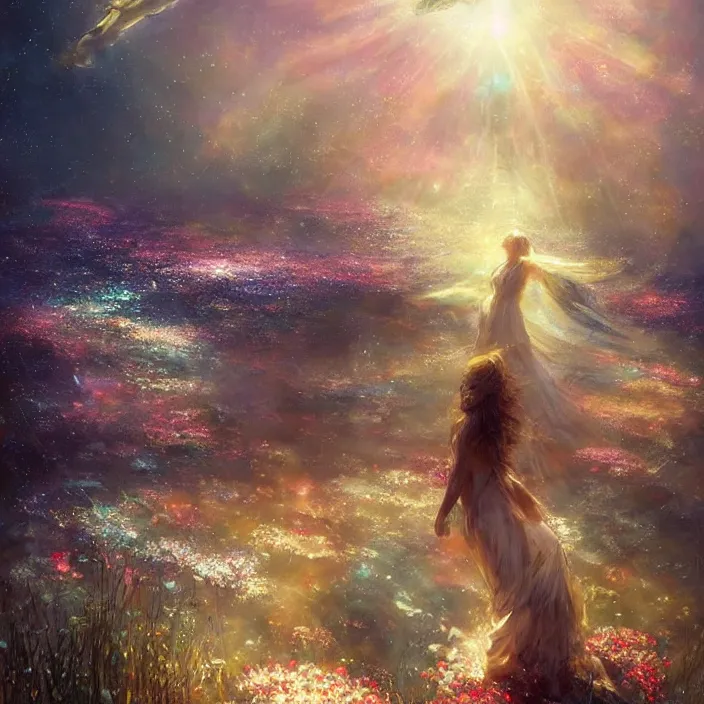 Image similar to enormous glimmering whale tale, flowing dress, flowers, cosmos, milky way galaxy, golden hour, god rays, coral reef, dreamscape by artgerm and ruan jia and ismail inceoglu and greg olsen, masterpiece, beautiful, intricate, elegant, highly detailed