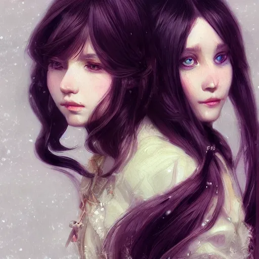 Image similar to a highly detailed portrait of sisters with purpure very very long hair, There are large snow-white peonies in the background, artstation, highly detailed, portrait, by krenz cushart