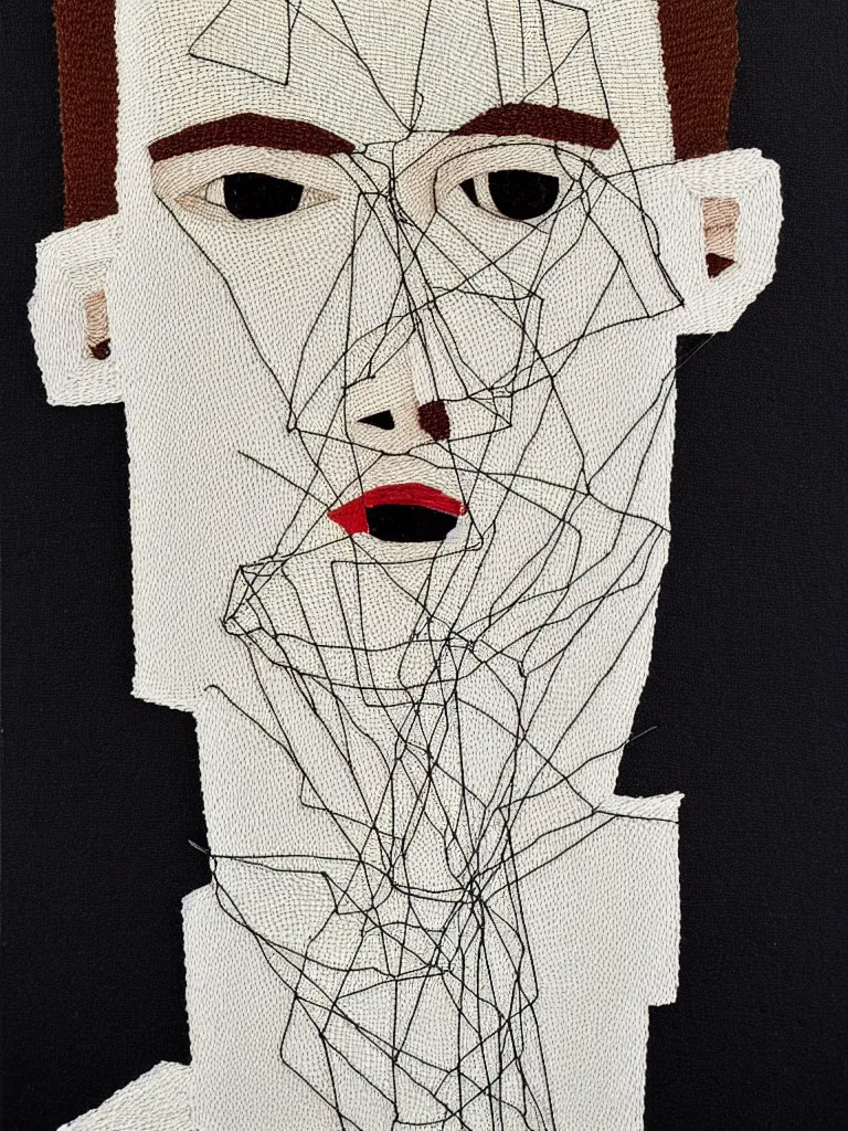 Image similar to elegant wire art portrait of an intelligent young man influenced by egon schiele. minimalist artwork full of human emotional expression and personality, strong eyes.