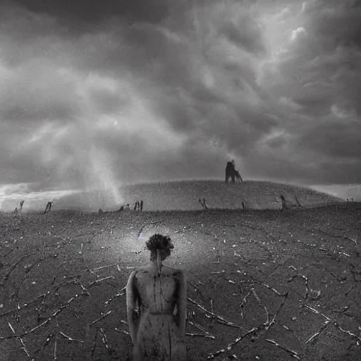 Image similar to by ossip zadkine, by kengo kuma mournful, hyperdetailed. a land art of a woman standing in a field of ashes, her dress billowing in the wind. her hair is wild & her eyes are closed, in a trance - like state. dark & atmospheric, ashes seem to be alive, swirling around.