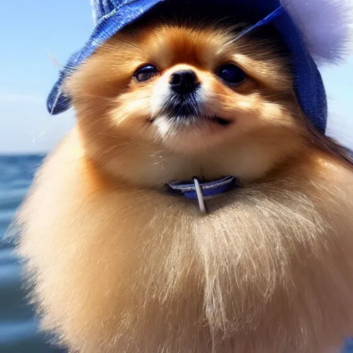 Image similar to close - up of a pomeranian wearing a a hat that reads women want me fish fear me, high resolution photo