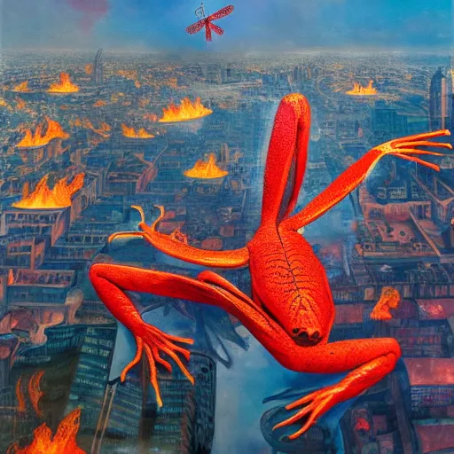 Image similar to giant red frog with giant dragonfly wings flying over a city in flames, photorealism, oil paint, renaissance, 8 k, high detail whide shot