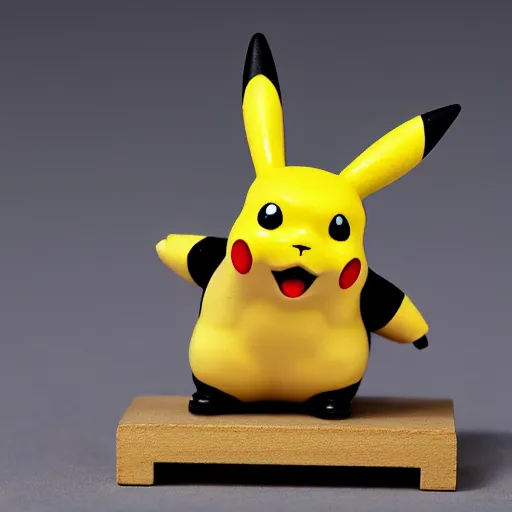 Prompt: plastic figure of pikachu holding a gun and standing on a wooden desk, 33mm, high res photo