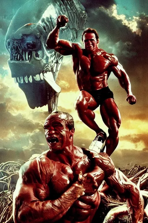 Image similar to movie poster of a french crossfitter with Arnold Schwarzenegger in original 1986 Predator, high definition, mattepainting in the style of AVENGERS movie poster