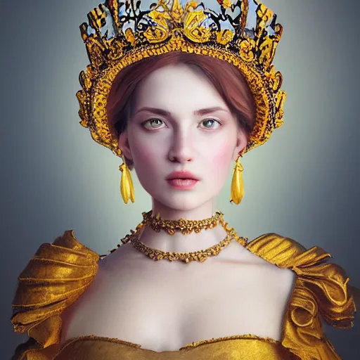 Image similar to a portrait of a beautiful girl with crown,inspired by Baroque and Rococo,hint of gold ,bright colours,hyper realistic,photo real ,matte painting, concept art, hdri, 4k -