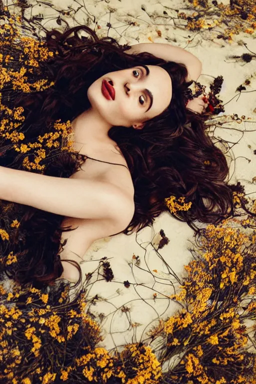 Image similar to full body fine art photo of the beauty gal gadot, she is lying down and covered by dried flowers, taken by oleg oprisco