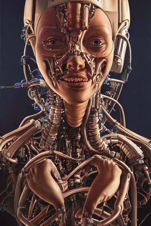 Image similar to beautiful oil painting portrait of biomechanical woman face connected to the machine by chesley bonestell, wayne barlowe, complex, stunning, realistic skin color, 4 k, high res, awardwinning, masterpiece, realistic lighting