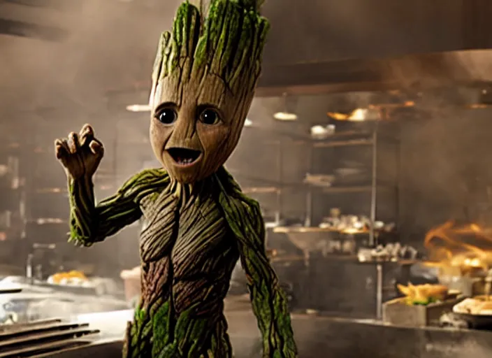 Prompt: film still of Groot working as a chef in the new Avengers movie, 4k