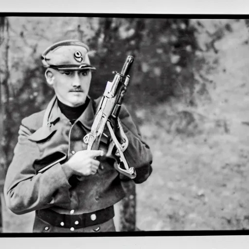 Image similar to A portrait of a man holding a mg42 machine gun in military attire. Black and white, grainy, hyper detailed.