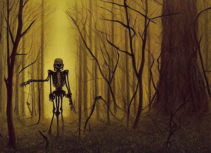 Image similar to skeleton in a forrest, highly detailed, science fiction, Edward Hopper and James Gilleard, Zdzislaw Beksinski highly detailed