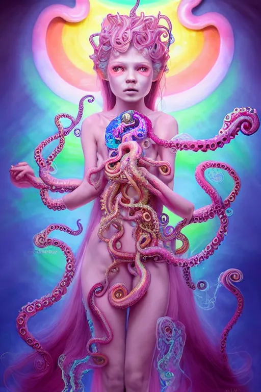 Image similar to A full body shot of a cute young magical girl wearing an ornate dress made of opals and tentacles. Monster GIrl. Subsurface Scattering. Dynamic Pose. Translucent Skin. Rainbow palette. Rainbowcore. defined facial features, symmetrical facial features. Opalescent surface. Soft Lighting. beautiful lighting. By Giger and Ruan Jia and Artgerm and WLOP and William-Adolphe Bouguereau and Loish and Lisa Frank. Fantasy Illustration. Sailor Moon. Masterpiece. trending on artstation, featured on pixiv, award winning, cinematic composition, dramatic pose, sharp, details, Hyper-detailed, HD, HDR, 4K, 8K.