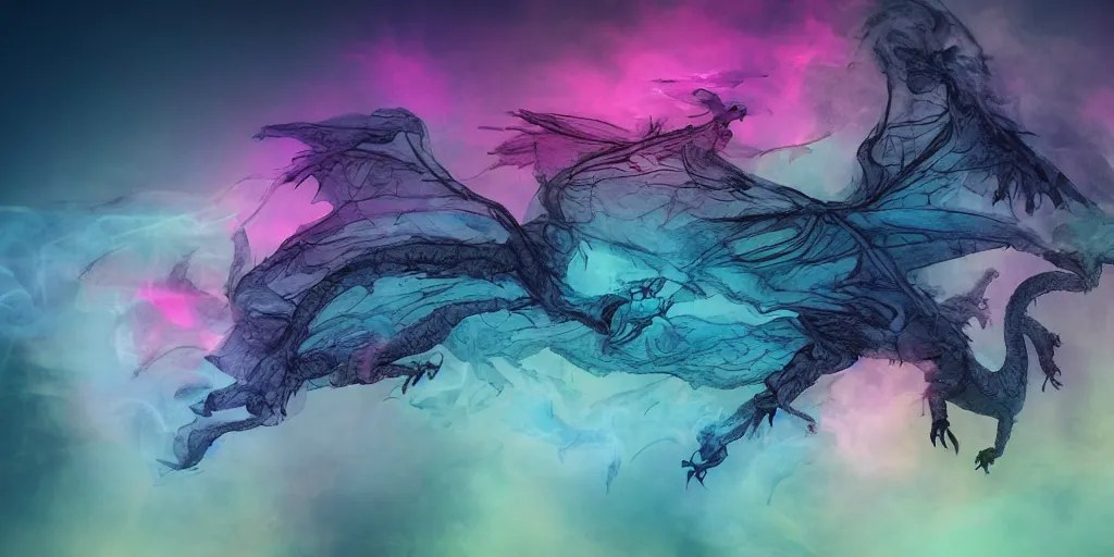 Prompt: dimly lit muted multi-color smoke (blues, greens), muted neon smoke, smoke (wispy faint outline, outline) reminiscent shape of fierce flying dragon with large outstretched wings flying, a distant vague city park faint landscape in the background, photographic, stunning, inspiring, super high energy, swift, fast, fleeting, 8K, 4K, UE5