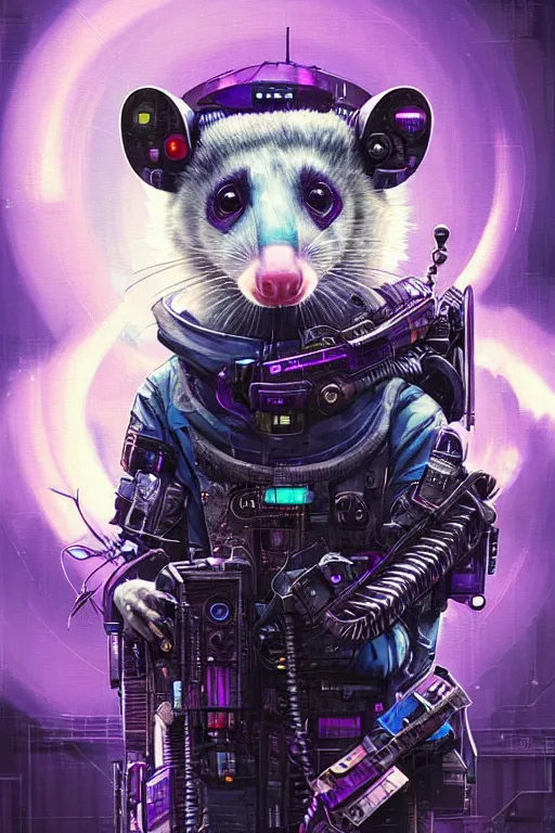 Image similar to a beautiful portrait of a cute cyberpunk opossum by sandra chevrier and greg rutkowski and wlop, purple blue color scheme, high key lighting, volumetric light, digital art, highly detailed, fine detail, intricate, ornate, complex, octane render, unreal engine, photorealistic