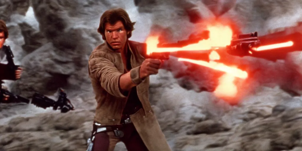 Prompt: Han Solo Return of the jedi harrison ford 1983, motion blur runs through massive battlefront, mcu style, explosions, fire, real life, spotted, ultra realistic, 4K, movie still, UHD, sharp, detailed, cinematic, render, modern
