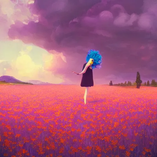 Image similar to girl with a flower head, surreal photography, dream, standing in flower field, magical, in a valley, sunrise dramatic light, impressionist painting, colorful clouds, artstation, simon stalenhag