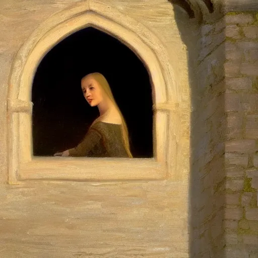 Prompt: very very very beautiful and detailed oil painting of the back of a medieval princess looking out of a castle window onto a sunlit landscape during dusk, 8k