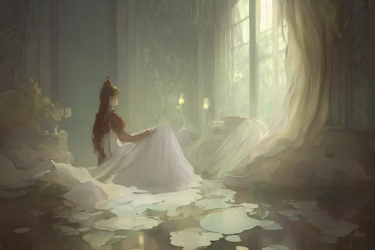 Image similar to a beautiful painting of a room with a pile of white paper, backlighting, gloomy, low saturation, rococo, by krenz cushart and mucha and monet, trending on artstation.