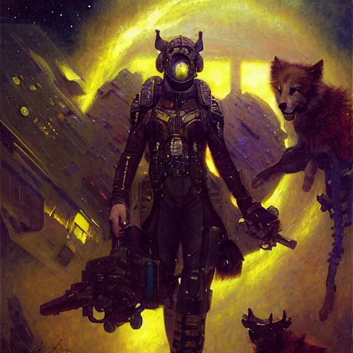 Image similar to portrait wolf nin uniform starship stars. shadowrun furaffiniy cyberpunk fantasy highly detailed painting by gaston bussiere craig mullins jc leyendecker gustav klimt artgerm greg rutkowski john berkey, bergey, craig mullins, ruan jia, raymond swanland, jeremy mann, tom lovell, alex malveda