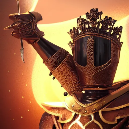 Image similar to a highly detailed full-length knight in a T golden helmet and crown with a diamond in the center, golden armor, leather clothes under the armor, leather gloves, holds a black sword, artstation, DeviantArt, professional, octane render, sunset lighting