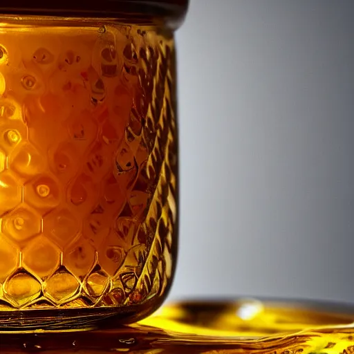 Image similar to HD macro photo of honey dripping slowly into a jar, beautiful detailed high quality