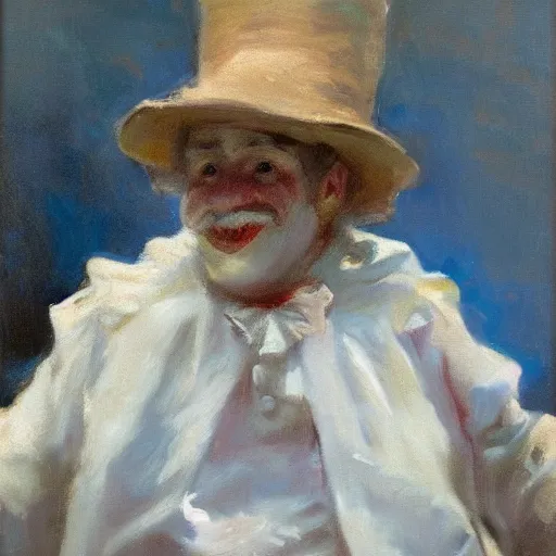 Image similar to detailing character concept portrait of clown by John Singer Sargent, on simple background, oil painting, middle close up composition