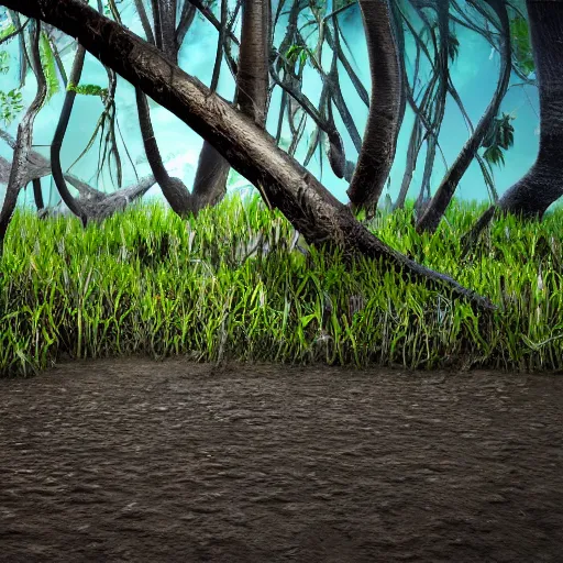 Prompt: Mangrove swamp tangled mangrove roots on a muddy shore, ground texture. Matte painting, simple cartoon style