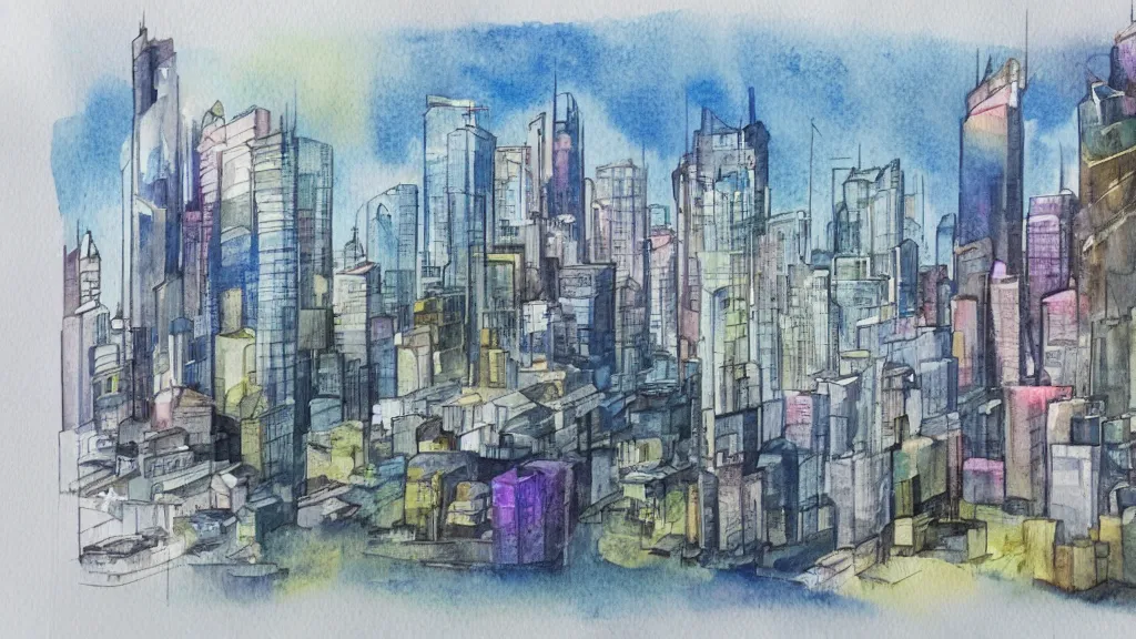 Image similar to watercolor mockup of modern future city, quick aquarelle painting