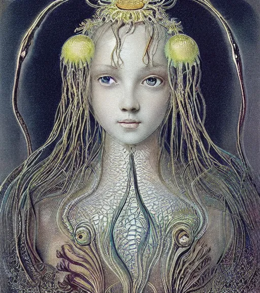 Image similar to portrait of a gorgeous sublime young goddess with intricate decorative jellyfish headdress and beautiful eyes, clear lines, detailed painting by christian rex van minnen and ernst haeckel and james jean