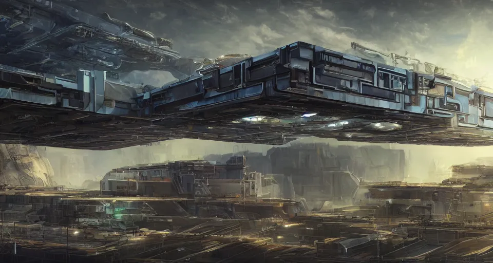 Image similar to a photo of a detailed science-fiction freight wide open architectural multi-level spaceship docking bay with balconies overlooking a nature freight yard overtaken by nature, with people working, looking out into space, 4k, unreal engine, concept art, matte painting, cosmic horror, nightmare,