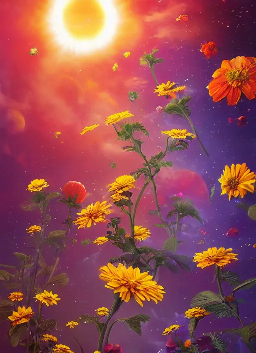 Image similar to An epic fantastic realism comic book style painting of the most beautiful flowers launched into space, bouquets, solar eclipse, fisheye, unreal 5, DAZ, hyperrealistic, octane render, dynamic lighting